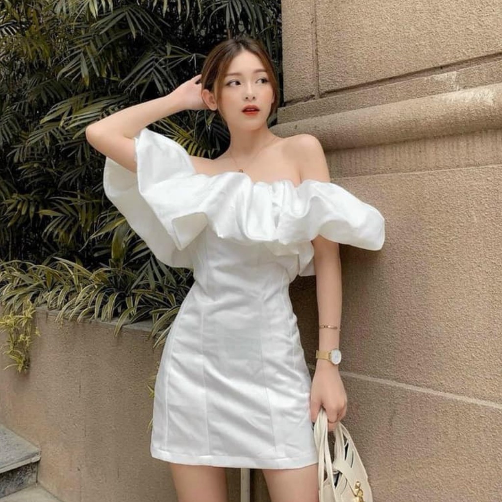 Đầm body trễ vai trắng bèo nhún GenY đầm trễ vai nữ tay phồng dáng ôm dự tiệc sexy chất đũi lụa mềm mát | BigBuy360 - bigbuy360.vn