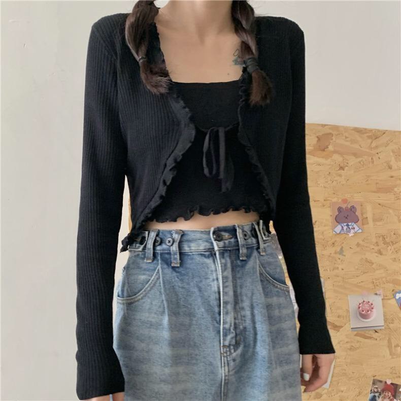 Mẫu Mới Phong Cách -  Set Cardigan Tăm Mỏng + Áo Quây Nữ Đen Trắng - Croptop Thiết Kế Dây Viền Bèo Tiểu Thư Ulzzang - Se