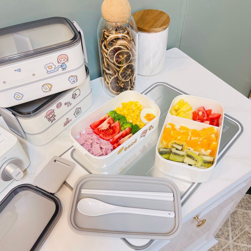 Hộp Cơm Nhật Bản BenTo Cho Dân văn Phòng, Hộp Cơm 2 Tầng 3 Ngăn Kèm Đũa Thìa Mới 2021