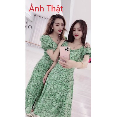 Váy Đầm Nữ Hoa Dáng Dài Xẻ Tà Tay Phồng Chanh Sả Sexy Tiểu Thư Bánh Bèo Tôn Dáng - Smart House - Cam Kết Chất Lượng