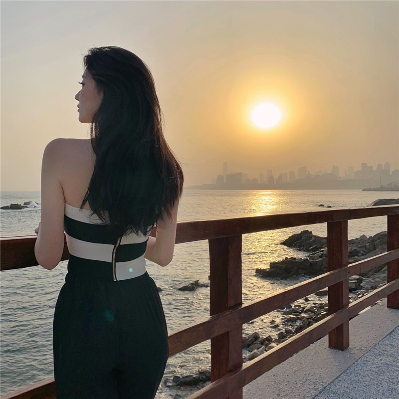 Women Retro Cross-contrast Color Stripes Wrapped Chest Sling Summer Sexy Sleeveless Short Vest Knitted Blouse