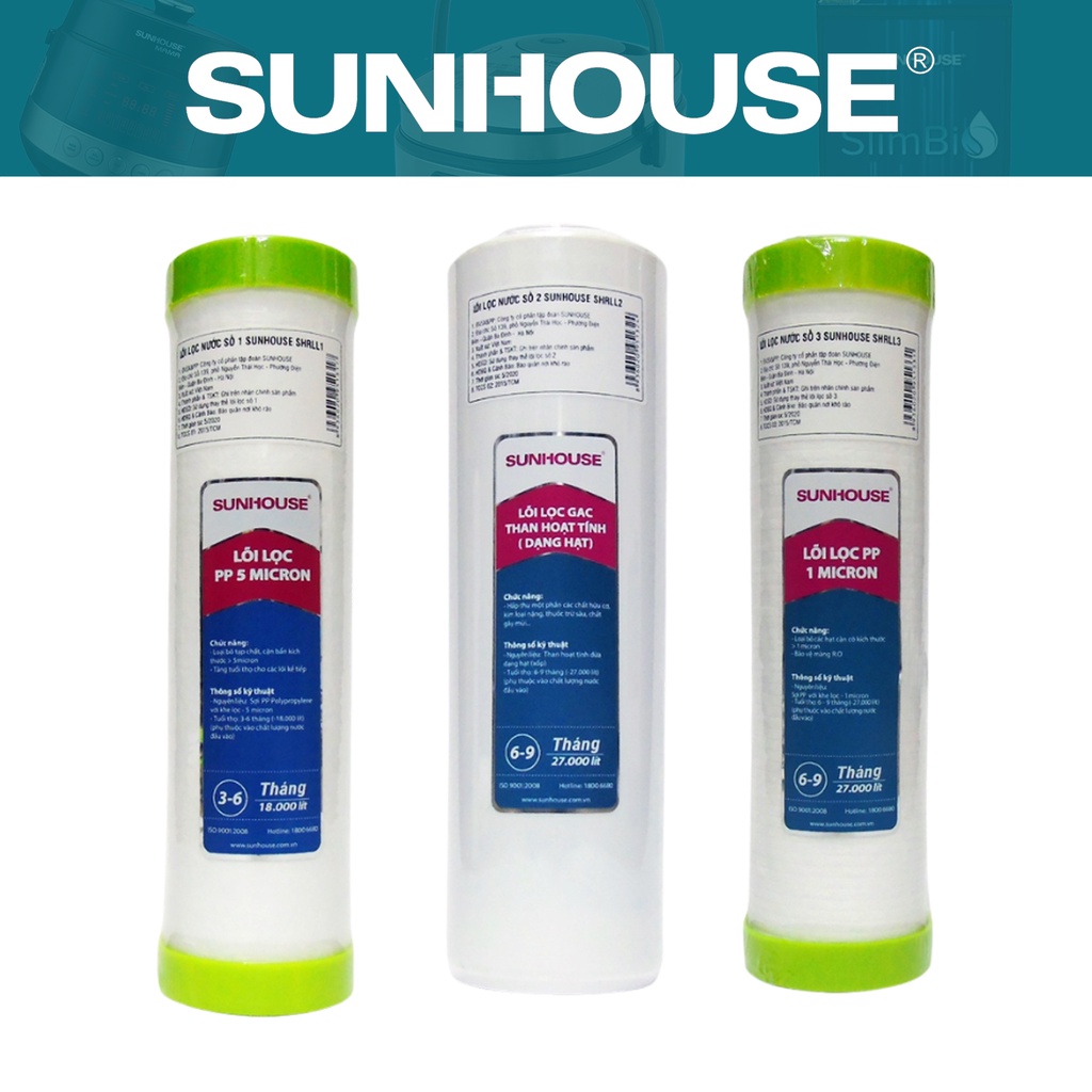 Bộ 3 lõi lọc nước SUNHOUSE số 1, 2, 3
