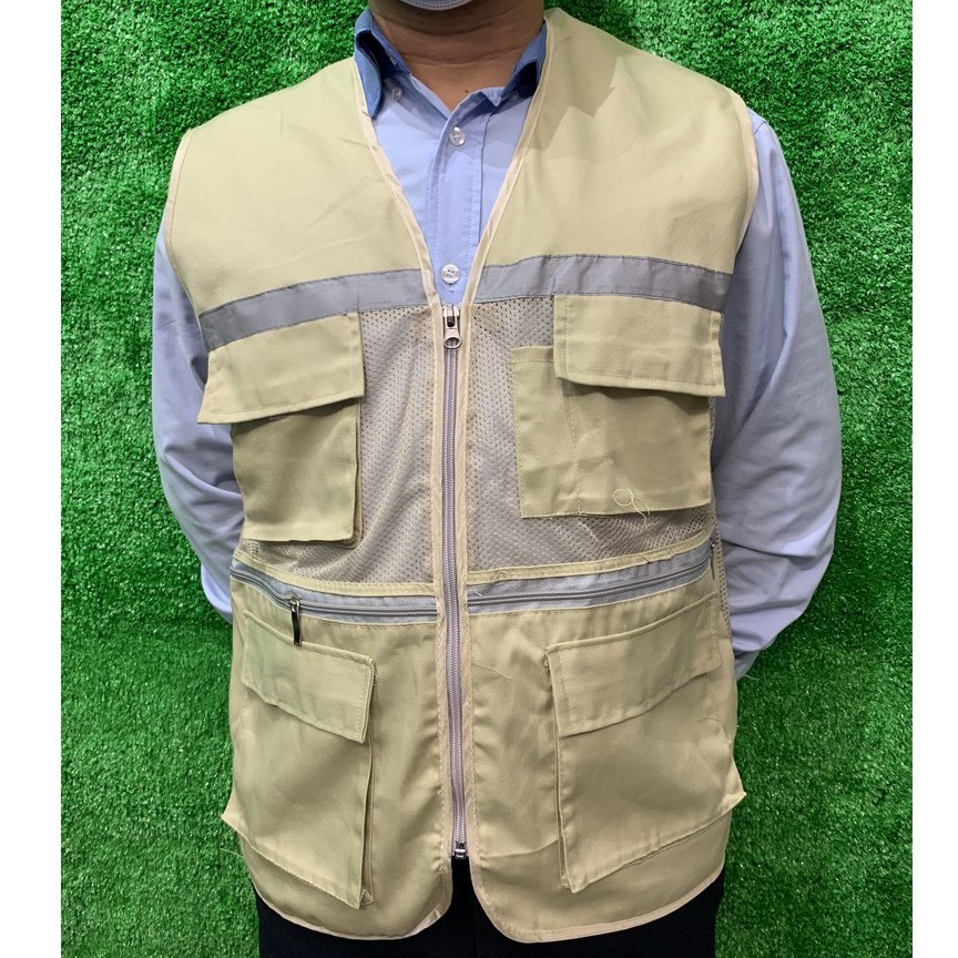 Áo gile túi hộp vải lưới màu vỏ gừng có phản quang hàng xuất khẩu