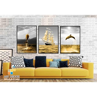 Tranh canvas hiện đại cá heo vàng - bộ 3 tranh 40 x 60 (khung viền đen)