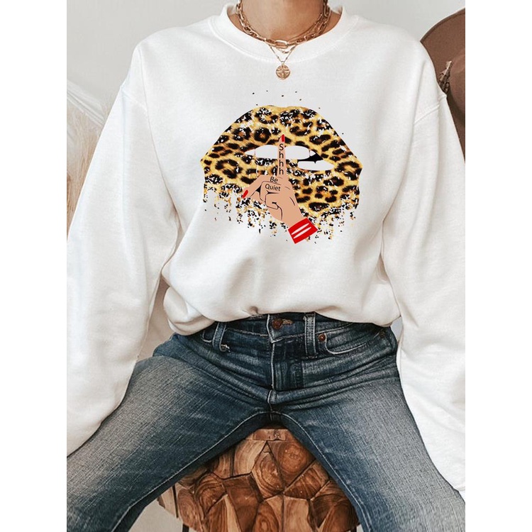 Áo Sweater Chui Đầu In Họa Tiết Đôi Môi Da Báo Thời Trang Xuân Thu Cho Nữ