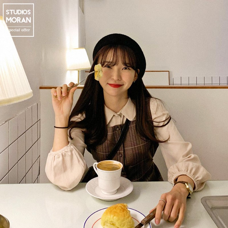 (HÀNG SẴN) Váy yếm ba lỗ kẻ sọc nâu vintage MORAN xòe ngắn thắt nơ eo style mùa thu Hàn Quốc - Có ảnh thật | BigBuy360 - bigbuy360.vn