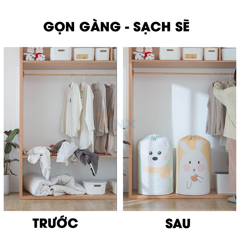 Túi vải đựng quần áo chăn màn ga gối chống ẩm mốc có dây rút chất vải PEVA hình trụ TI009