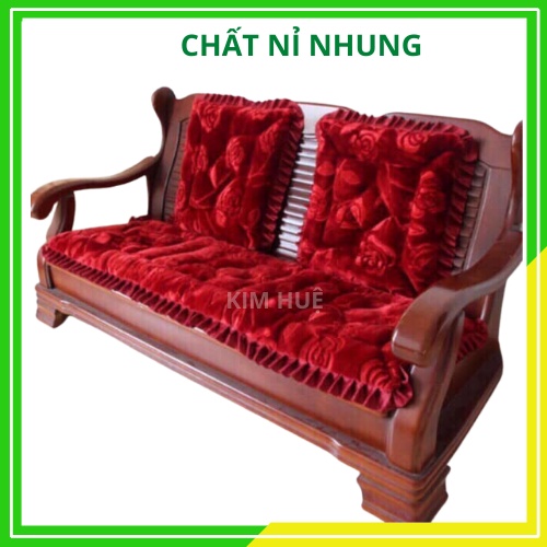 Bộ thảm trải ghế gỗ chất nỉ nhung đệm ngồi Kim Huệ thêu hoa viền bèo sang trọng có vỏ tháo giặt được