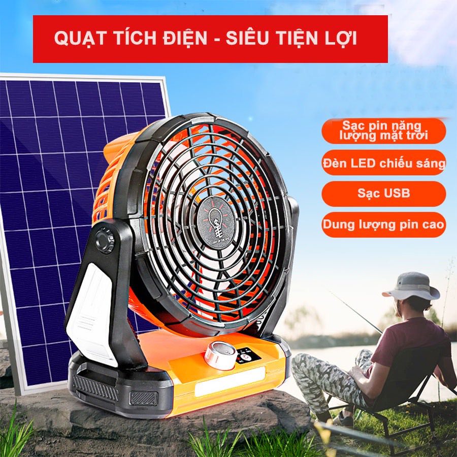 Quạt Sạc Tích Điện Mini Xoay Góc 270 Độ, Đèn LED Để Bàn, Cắm Trại Ngoài Trời - Có Thể Tích Điện Bằng Năng Lượng Mặt Trời