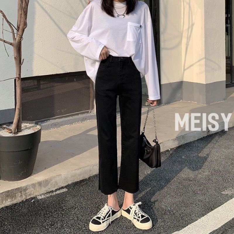 Quần Jean Ống Đứng Đen Trơn Tua Gấu