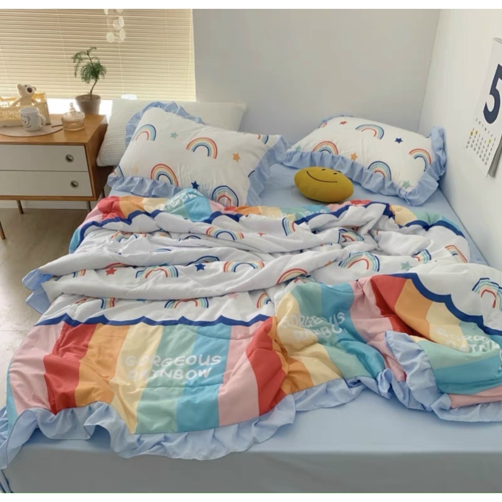 Bộ chăn ga gối đũi viền bèo xin xắn cao cấp siêu nhẹ, chất đũi mềm mịn thoáng mát hoa tiết hoa lá cực kỳ đẹp
