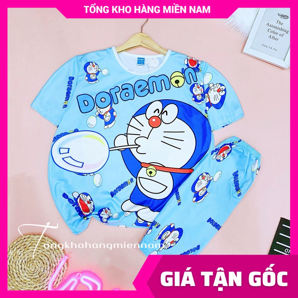 Đồ bộ quần lửng cho bé mặc nhà size đến 70kg chất thun mềm mát in hình doremon kitty hoạt hình dễ thương DBRBL FULL SIZE