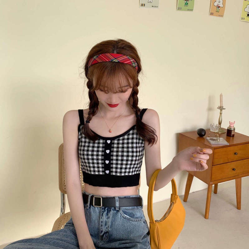 Áo Croptop Dệt Kim Sát Nách Phối Nút Họa Tiết Sọc Ca Rô Hình Trái Tim Thời Trang Quyến Rũ Cho Nữ