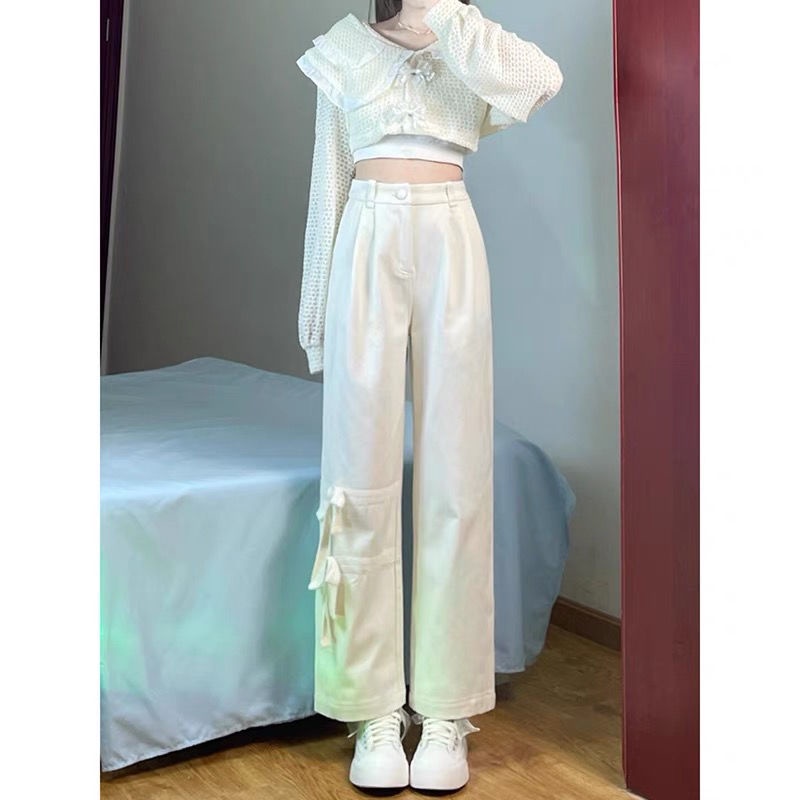 Quần jean nữ FDS ống rộng thẳng phối nơ thời trang xuân hè xinh xắn cho nữ