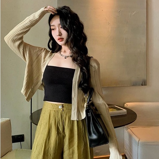 Áo cardigan ZHELIHANGFEI dệt kim cổ chữ V tay dài eo cao thời trang