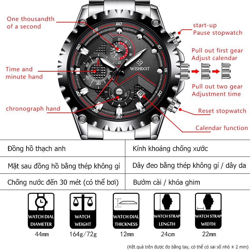 Đồng hồ đeo tay WISHDOIT chính hãng bằng thép không gỉ chống thấm nước thời trang công sở cho nam
