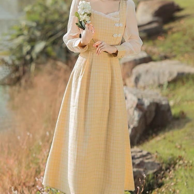 Đầm Dài Họa Tiết Kẻ Ô Cổ Điển Mới Cho Nữ Jllyq-32