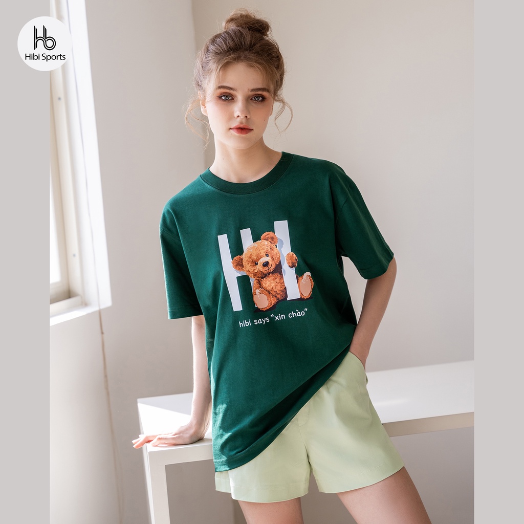 Áo thun tay lỡ Hibi Sports Teddy Bear SAY HI ST003 kiểu phông unisex nam nữ, vải cotton Premium, form oversize