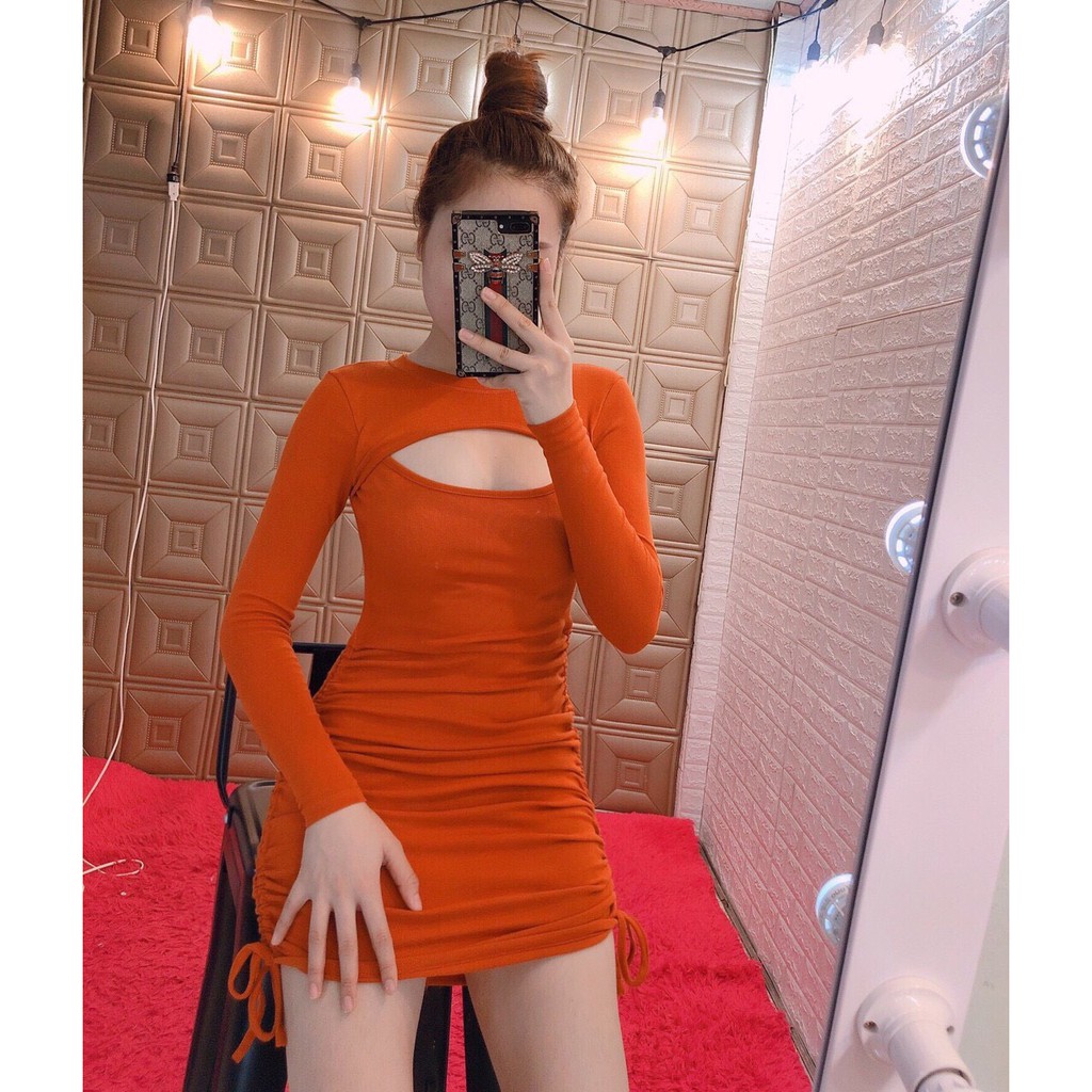 Siêu phẩm đầm cut out ngực tay dài rút dây 2 bên xinh sexy