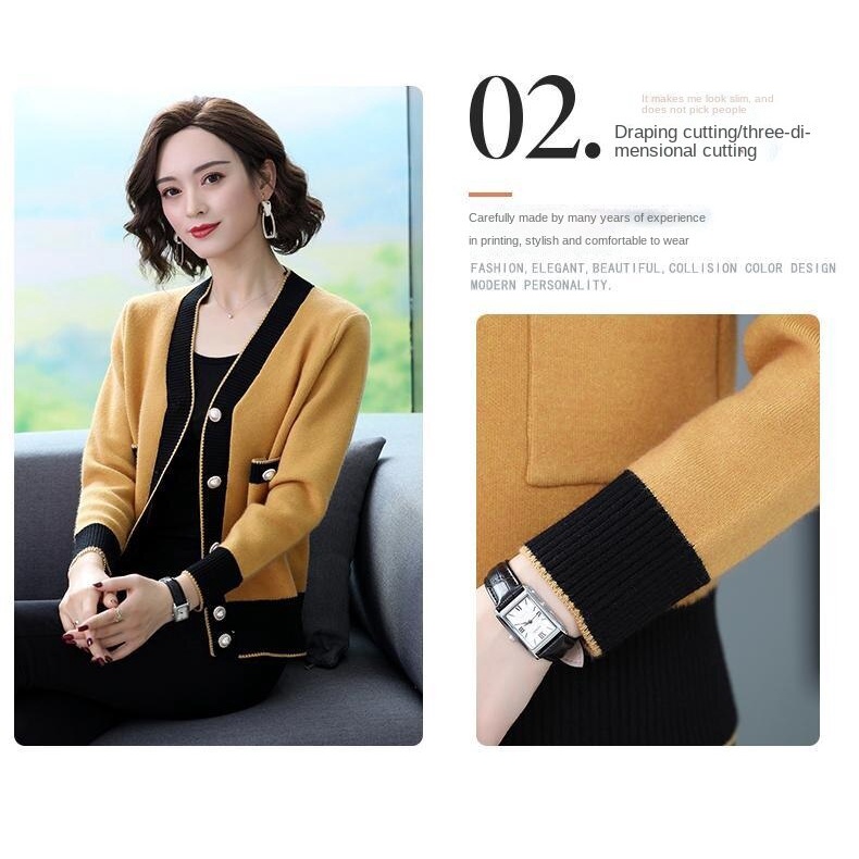 Áo Khoác Cardigan Dệt Kim Dáng Rộng Ngắn Mùa Xuân Thu Hàn Quốc Mới Cho Phụ Nữ Trung Niên