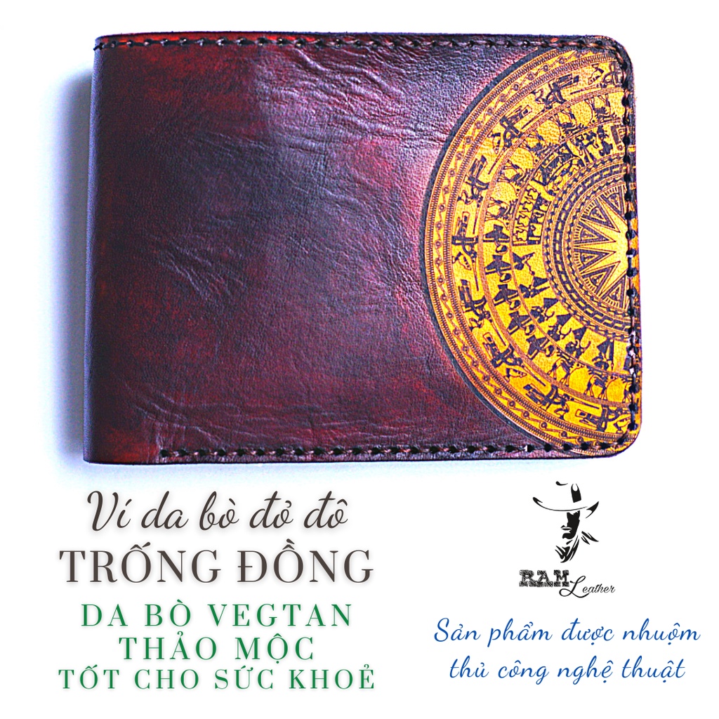 Ví nam handmade Trống Đồng Việt Nam nâu đỏ (trống vàng) da bò Italia cao cấp - chính hãng RAM Leather