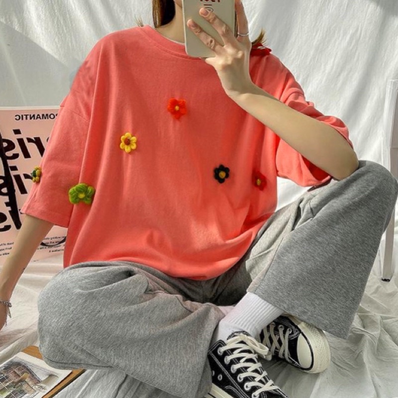 Áo thun tay lỡ form rộng đính hình hoa nổi trên áo siêu xinh có sẵn, đủ màu - clothing for girl