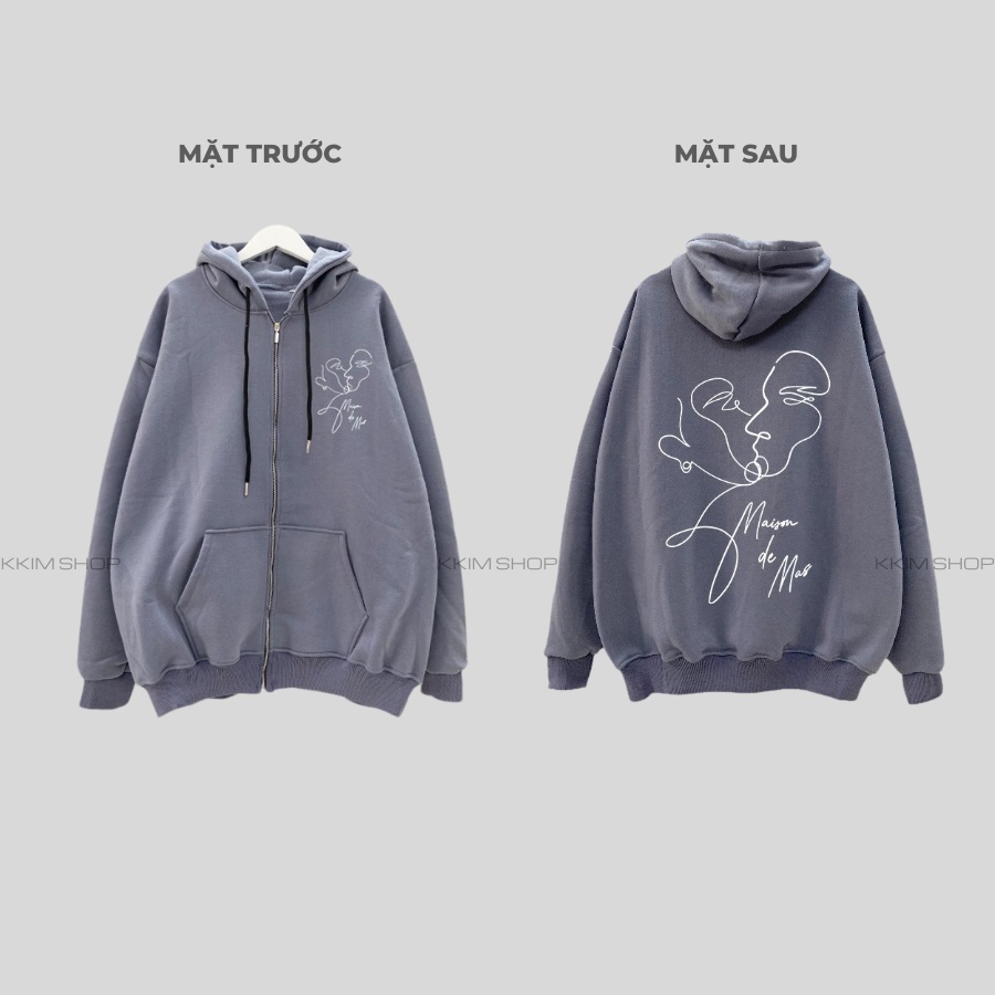 Áo Nỉ HOODIE ZIP Line Art 2 Faces màu XANH LÁ, Áo khoác hoodie dây kéo unisex nam nữ form rộng oversize nỉ bông cao cấp