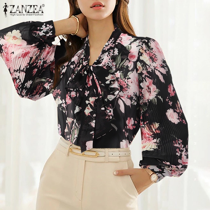Áo kiểu ZANZEA tay dài xếp ly cổ V phối dây buộc in họa tiết hoa phong cách retro thời trang cho nữ