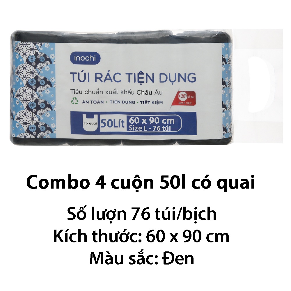 Túi đựng rác tự phân hủy 4 cuộn sinh học Inochi Có Quai Màu Đen Dài Hơn 20% 10L 25L 50L cho thùng rác