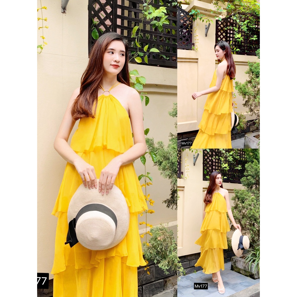 MV177 Váy đầm maxi vàng cổ yếm 4 tầng đi biển siêu xinh -  Modish and Chic