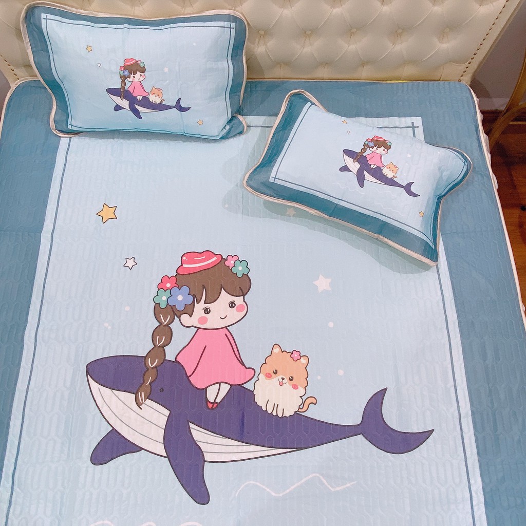 set chiếu cao su non latex 5d [ SIÊU ÊM - SIÊU MÁT ] mặt vải thun lạnh , chun cài 4 góc - bé cá heo