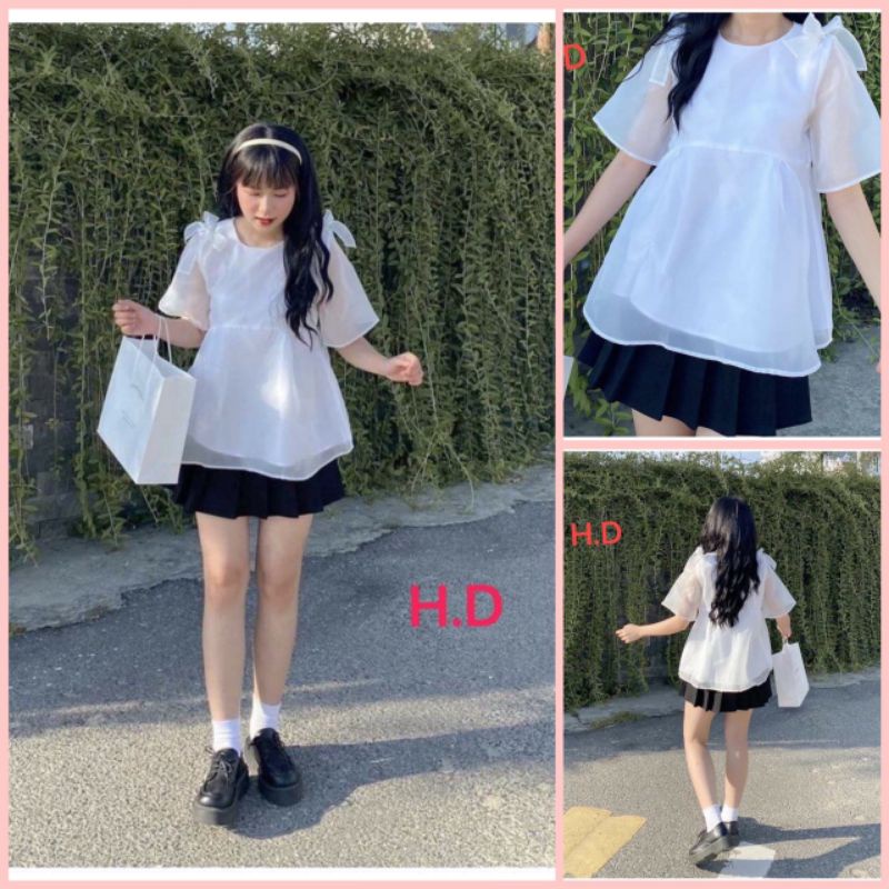 Áo Bbd Voan Tay Cộc Nơ Vai Vải Voan Tơ Đũi 2 Lớp Loại 1❤️Áo Công Chúa Vintage đi chơi, dự tiệc dành cho nữ