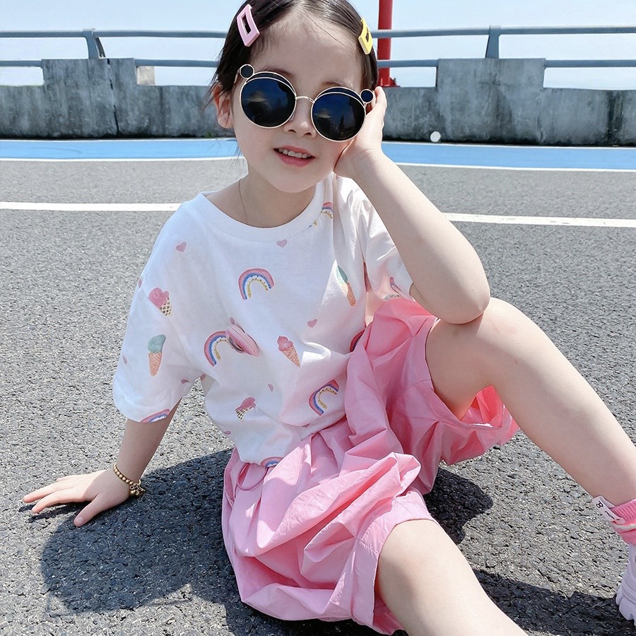 Set Áo Thun Cotton Tay Ngắn + Quần Hồng❤M0022❤Thời Trang Mùa Hè Hàn Quốc Cho Bé Gái