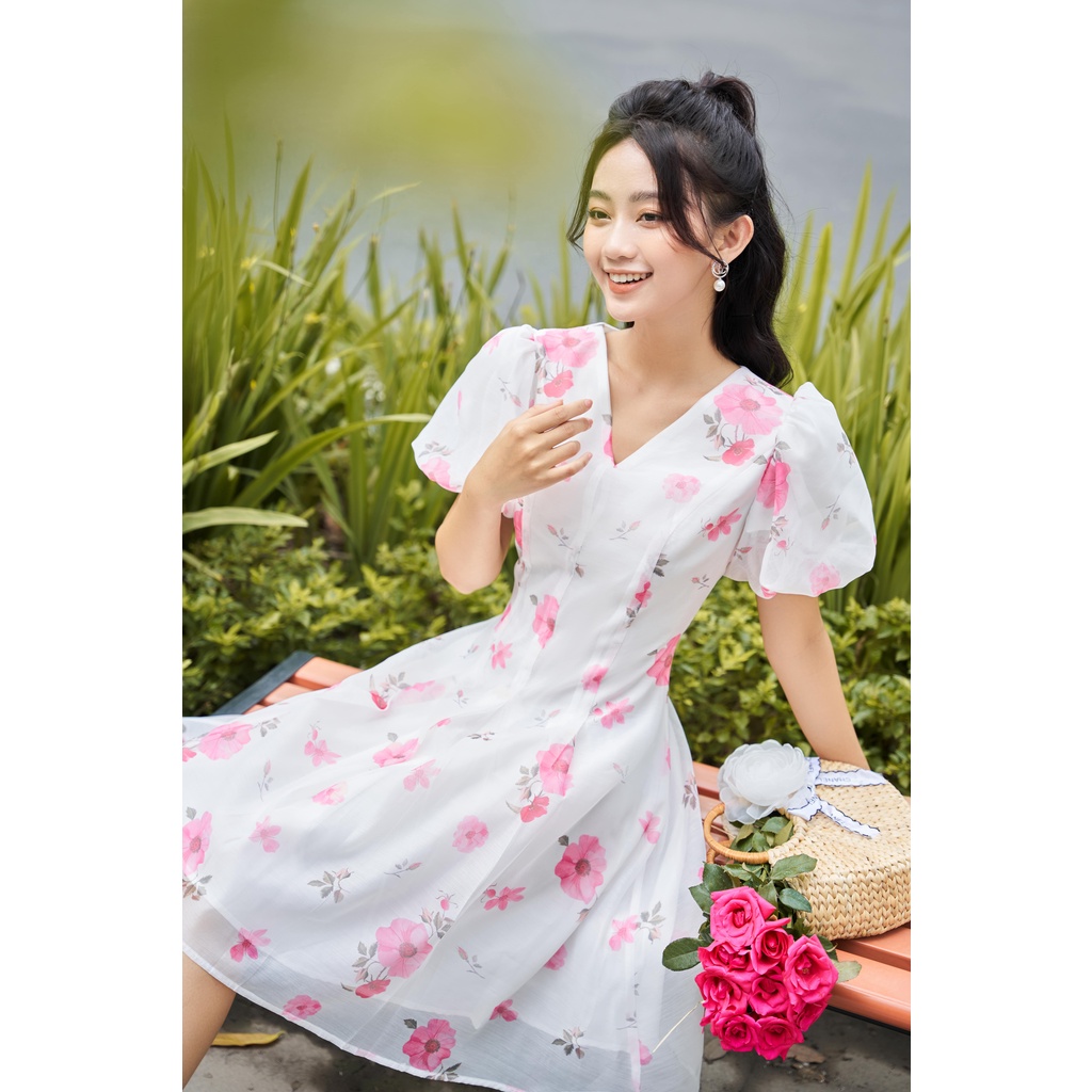 Váy tơ hoa cổ V tay bồng phong cách Hàn quốc dáng chữ A thiết kế tiểu thư nhẹ nhàng Pansy Blue trắng YAME