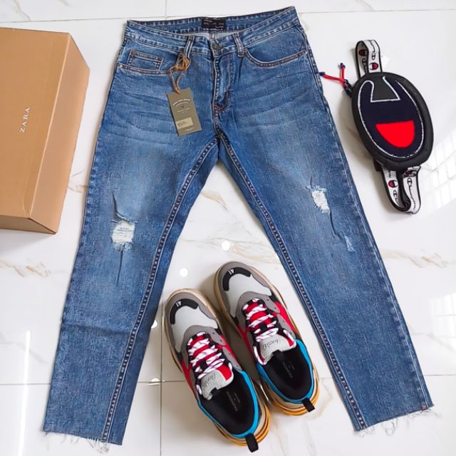 Quần Jean Nam Xanh Wash Zara Rách