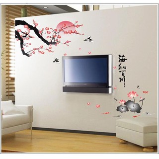 [XẢ HÀNG] Decal dán tường phòng khách Cành đào thư pháp- DH062