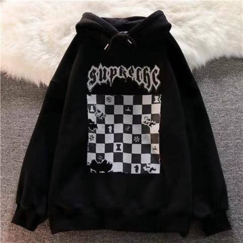 Áo hoodie dáng rộng họa tiết kẻ ô vuông màu trắng đen xu hướng thời trang