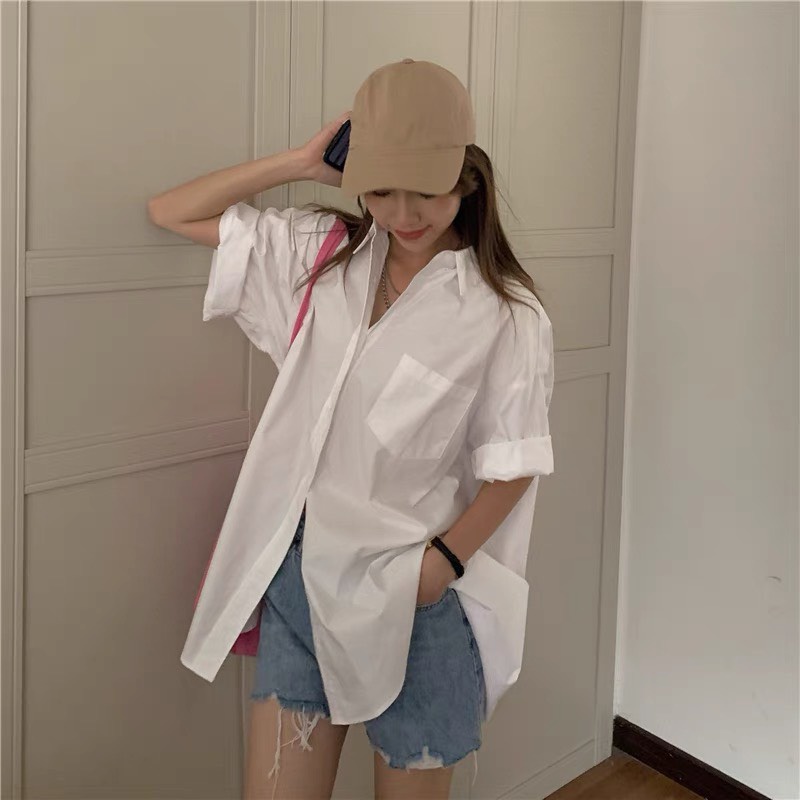 Áo Sơ mi thô trơn ngắn tay xẻ sau up