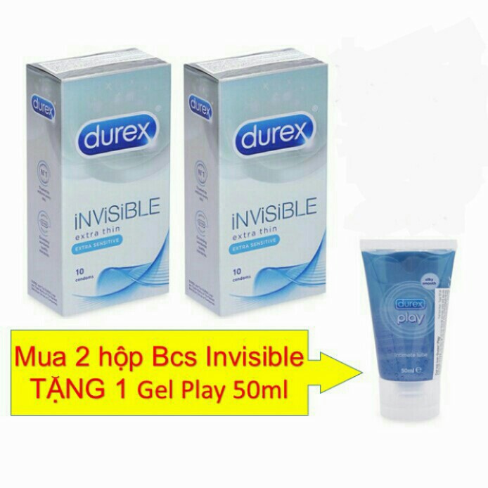 KÍN ĐÁO & CHE TÊN [COMBO 2] Bao cao su Durex Invisible - BCS siêu mỏng cảm giác thật + TẶNG 1 Gel durex Play (50 ml)