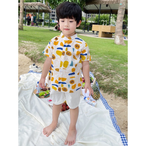 Áo sơ mi họa tiết bé trai, chất tơ đũi Nhật cho bé đi biển, đi du lịch, quần áo mùa hè bé trai 2 3 4 5 6 7 8 9 10 tuổi