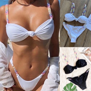 <ÂU> SET BIKINI TRẮNG/ĐEN NÚT NGỰC QUAI XÍCH MÀU (CHUN MÔNG)