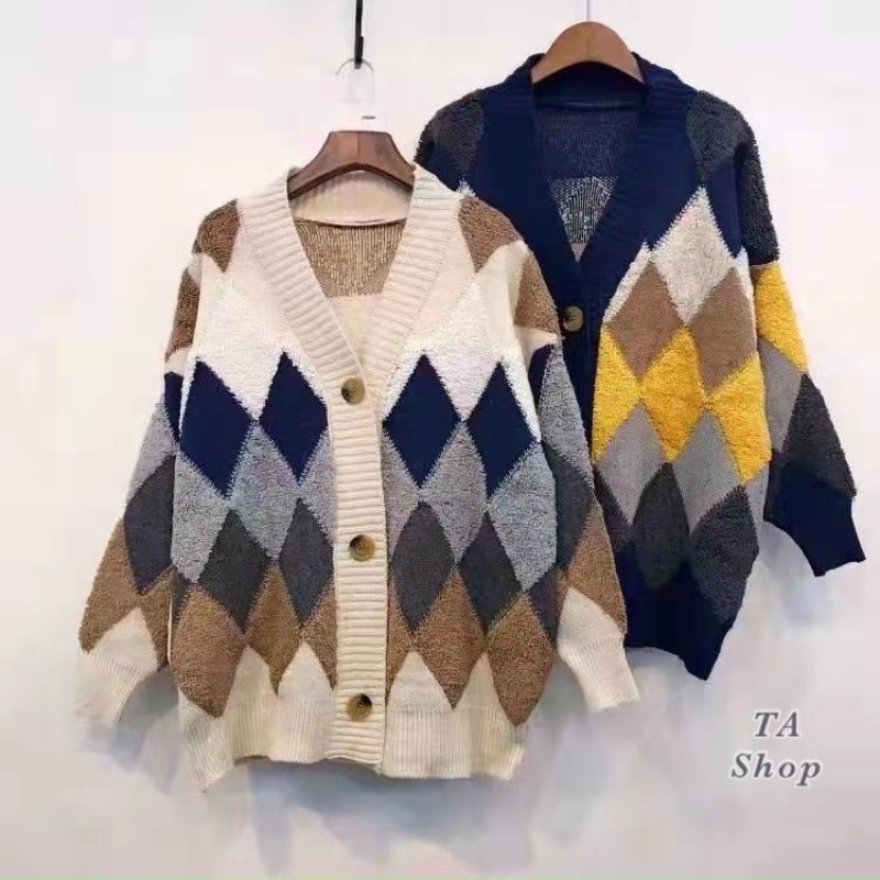 Áo khoác cadigan len trám ô Quảng Châu mẫu mới về