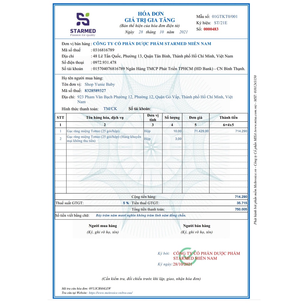 Gạc rơ lưỡi / răng miệng Tottee 25 gói/hộp