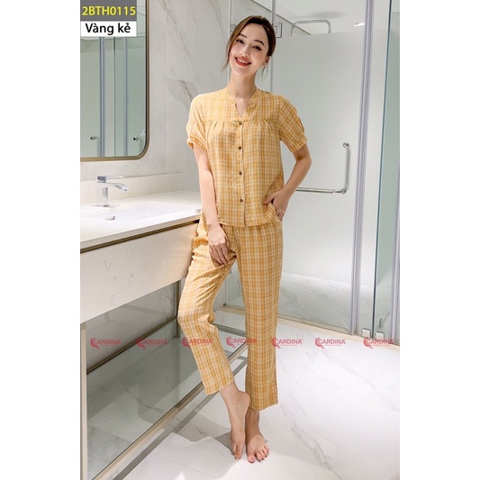 Đồ bộ nữ CARDINA 4 màu kẻ chất thô nhật cao cấp áo cổ tàu tay phồng quần dài thoáng mát nhẹ nhàng 2BTH01
