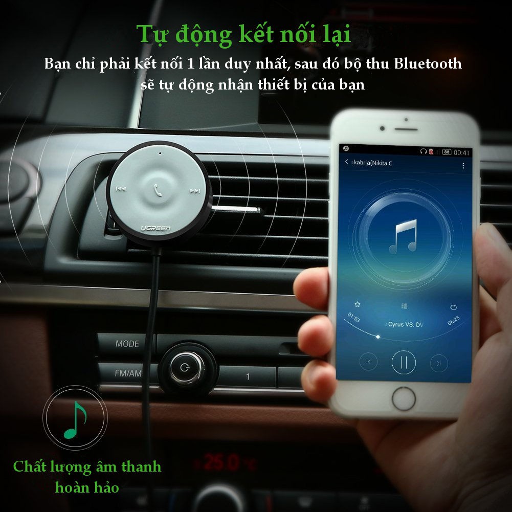 Thiết bị nhận Bluetooth 4.1 Audio UGREEN 30447 cho Ô Tô, hỗ trợ Mic đàm thoại