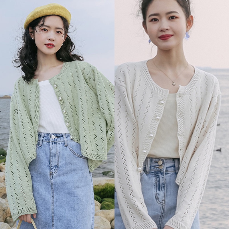Áo cardigan len lưới mỏng Quảng Châu cao cấp xanh lá kem khoác ngoài phong cách Hàn Quốc mới nhất 2022 Kozoda AC23