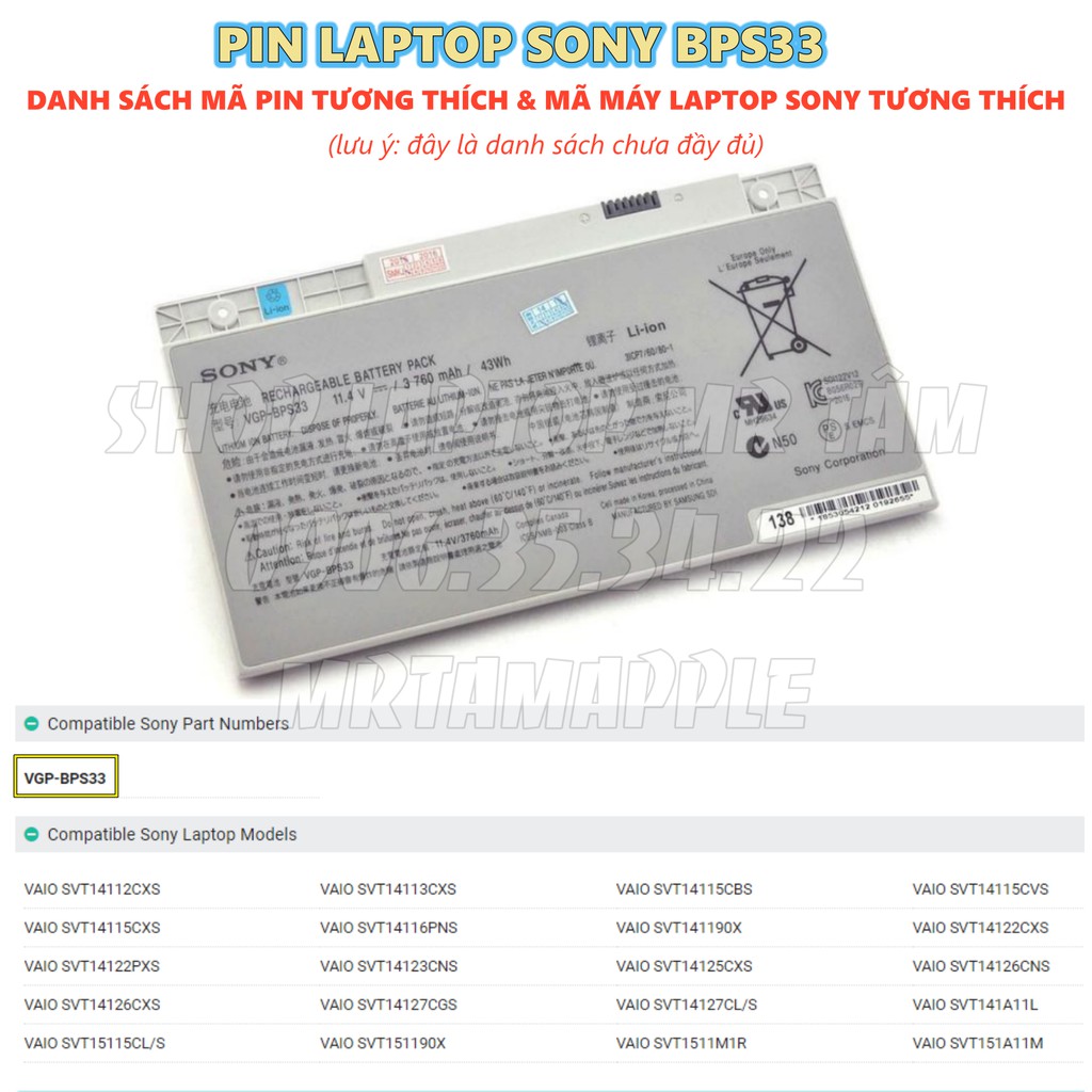 Pin Laptop SONY BPS33 (ZIN) - 3 CELL - Vaio SVT14 SVT15 T14 T15