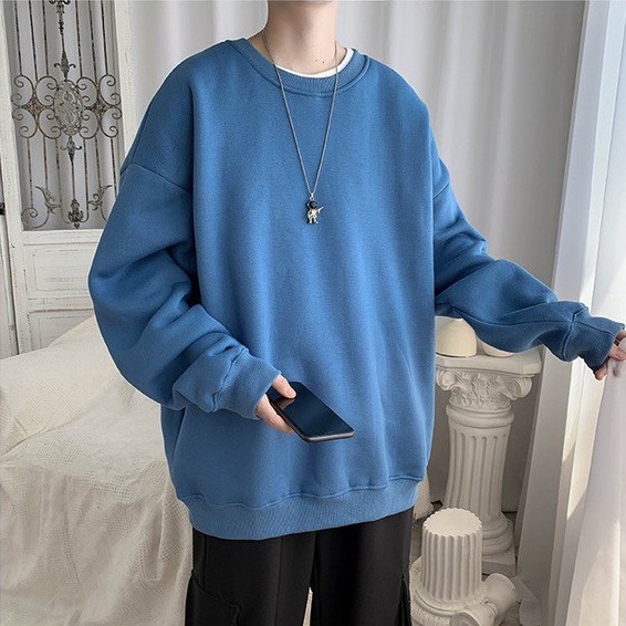 Áo Sweater Cổ Tròn NAM Nữ Màu Xanh Dương Đậm Chất Vải Nỉ Poly Hàng Freesize 1 Cỡ Form Dáng Rộng Dưới 65kg Mặc Vừa K21