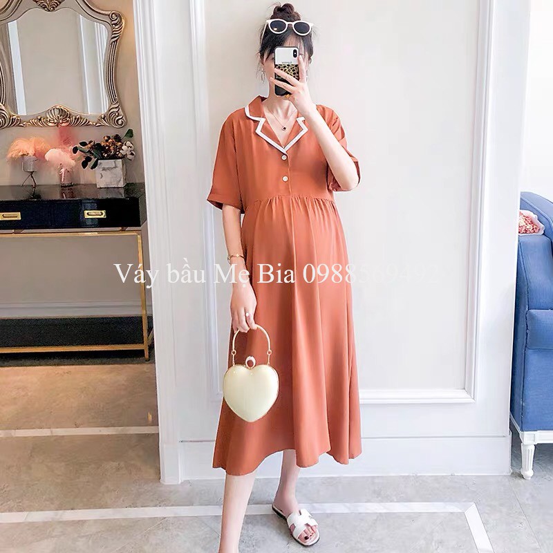 Đầm bầu công sở váy bầu đẹp liền đen phối tay voan trắng MB 219