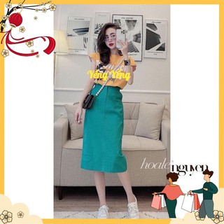 Snu268 - set nữ áo vàng tay hến cvay xanh